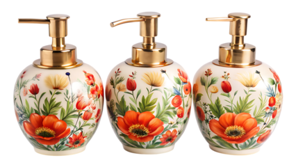 Elegant Ceramic Soap Dispensers with Floral Design Perfect for Bathroom Decor Isolated on transparent background