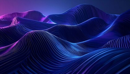 Abstract undulating lines form a stylized landscape, illuminated by gradient blue and purple light, creating a wavy, futuristic scene