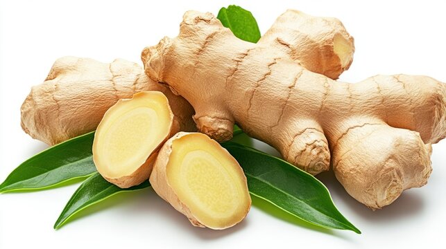 Fresh ginger root with green leaves closeup studio shot