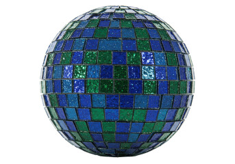 Isolated disco ball, green and blue mosaic tile sphere, party ornament, decoration decor