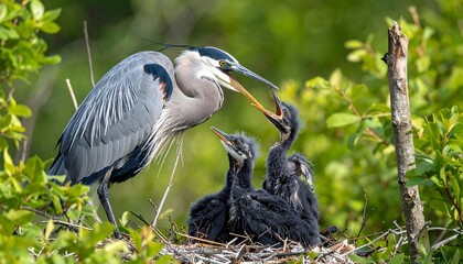 Fototapeta premium Great blue heron feeding its young in a nest amidst lush green foliage