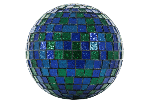 Isolated disco ball, green and blue mosaic tile sphere, party ornament, decoration decor