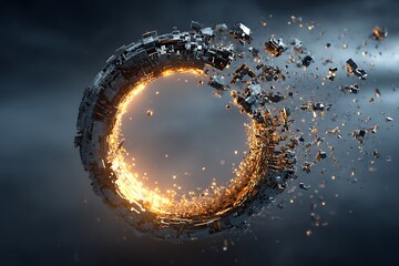 Futuristic technology portal with glowing energy core and shattered elements creates a dynamic, otherworldly effect perfect for innovative concepts