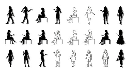 Top View Vector Icons &ndash; Silhouettes of Women Executives Standing and Sitting AI EPS PNG JPEG
