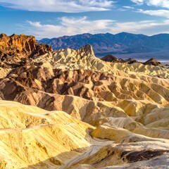 Colorful, textured desert landscape under a bright sky