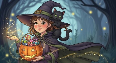 A girl in a witch costume holding a pumpkin basket and a cat