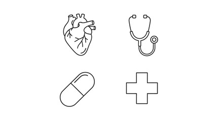 Clean, modern medical icons featuring a heart, stethoscope, pill and cross for healthcare designs, wellness campaigns and informative brochures or websites.