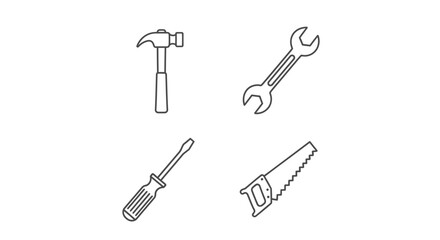 Fototapeta premium Essential tools for home improvement projects: Hammer, wrench, screwdriver, and saw for DIY enthusiasts and contractors. Ideal for renovation and repair visuals