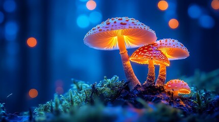 Magical glowing mushrooms in a mystical forest isolated on white background