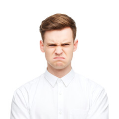 Obraz premium Young Man with Frustrated Expression Isolated on White Background, Emotion, Facial Reaction, Negative Feelings, Anger