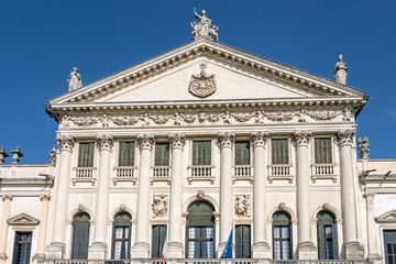 gable  of Baroque Pisani manor house on Brenta canal, Stra, Italy