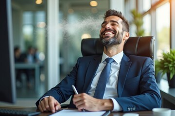 Businessman Relaxing at Desk in Suit and Tie, Smiling with Eyes Closed, Feeling Cool Air