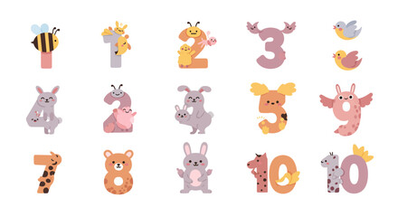 This flat design icon set features numbers 1 through 10, each playfully represented by a corresponding quantity of adorable animal characters, perfect for early childhood education.