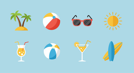 Immerse yourself in the summer spirit with this flat design icon set, showcasing minimalist illustrations of tropical beach vacations and relaxation. Ideal for holiday-themed projects..