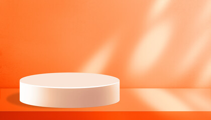 Orange background for autumn and halloween with white podium. Fall season showroom, halloween studio background. Autumn sale promotion stand.