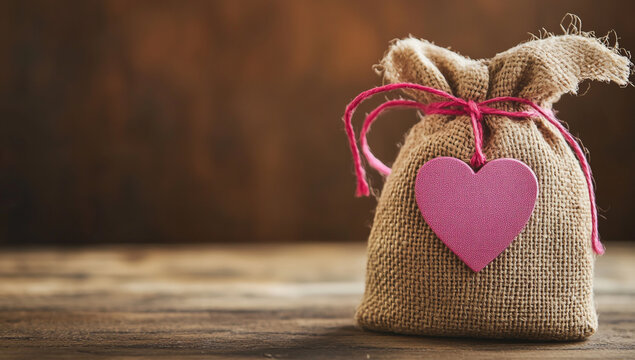 Burlap gift bag tied with pink ribbon and decorated with a heart