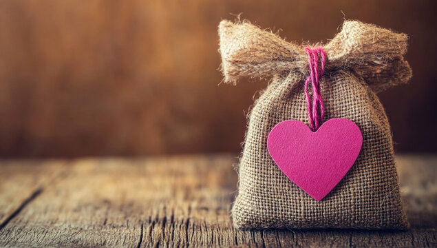 Rustic burlap gift bag with pink heart decoration on wooden background - Powered by Adobe