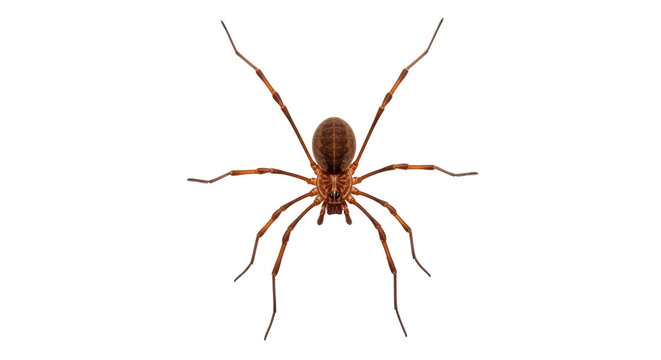 Isolated Harvestman spider with long legs close-up in full length, brown insect on display