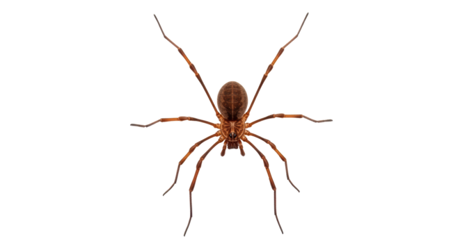 Isolated Harvestman spider with long legs close-up in full length, brown insect on display