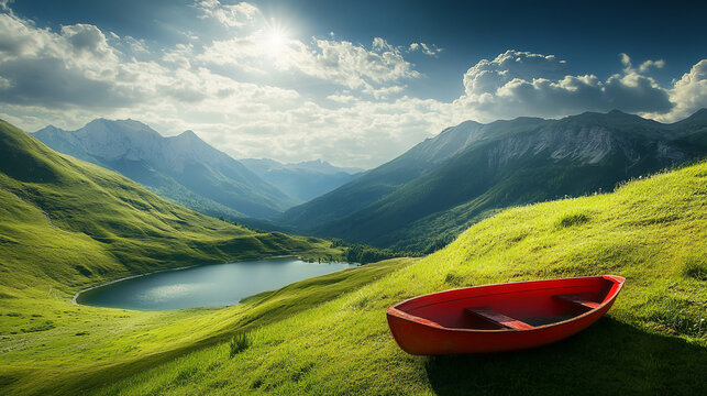 Red rowboat rests on a grassy hillside overlooking a serene mountain lake and valley