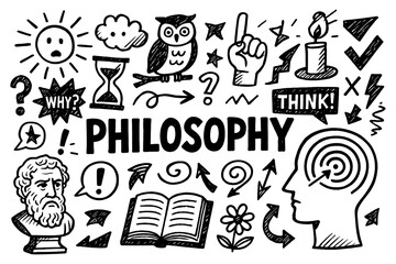 Obraz premium Philosophy doodle icons with wisdom truth symbols books scales and ancient thinker, Transparent Background
