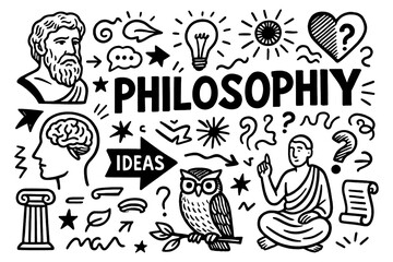 Philosophy doodle icons with wisdom truth symbols books scales and ancient thinker, Transparent Background