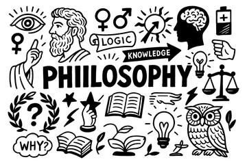 Philosophy doodle icons with wisdom truth symbols books scales and ancient thinker, Transparent Background