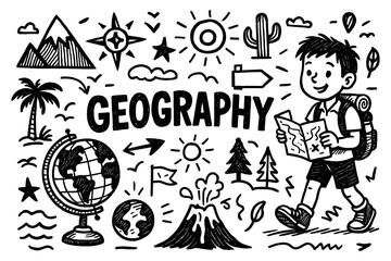 Geography doodle icons with globe compass mountains traveler and map elements, Transparent Background
