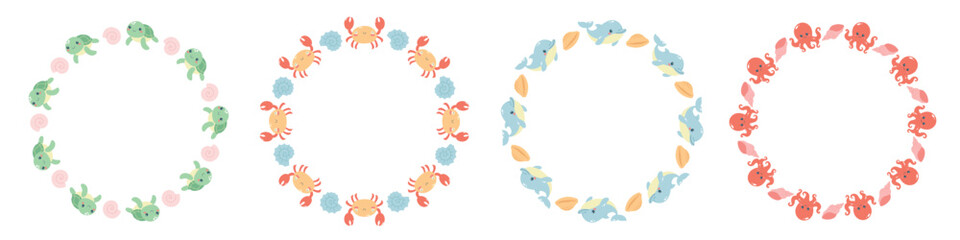 Set of circle frames with cute crab, turtle, dolphin and dolphin Marine life animals. Template for print, fabric, greeting card and invitation. Isolated vector illustration 