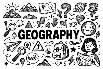 Geography doodle icons with globe compass mountains traveler and map elements, Transparent Background
