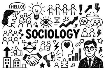 Sociology doodle icons with people culture symbols and education elements, Transparent Background