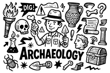Archaeology doodle collage with fossils, artifacts, excavation tools and history elements, Transparent Background 