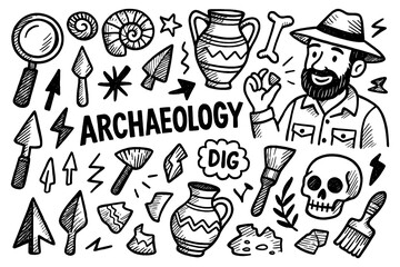 Archaeology doodle collage with fossils, artifacts, excavation tools and history elements, Transparent Background 