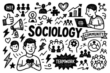 Sociology doodle icons with people culture symbols and education elements, Transparent Background