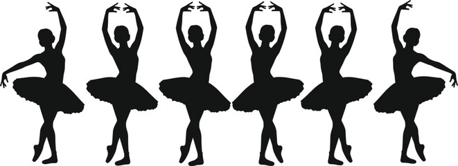 Ballerina silhouettes in identical classical ballet poses with tutus, pointe shoes, elegant symmetry, graceful choreography, artistic dance illustration set