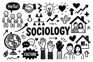 Sociology doodle icons with people culture symbols and education elements, Transparent Background