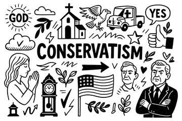 Conservatism doodle collage with religion, tradition, patriotism and social values symbols, Transparent Background 
