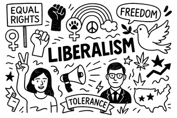 Liberalism doodle collage with freedom, peace, rights and democracy symbols, Transparent Background 