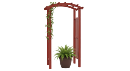 Isolated Garden Arch with Flowering Vines and Potted Fern, Outdoor Structure for Climbing Plants