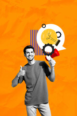 Artwork 3d photo collage of happy businessman show like gesture megaphone announcement chart progress light bulb idea progress
