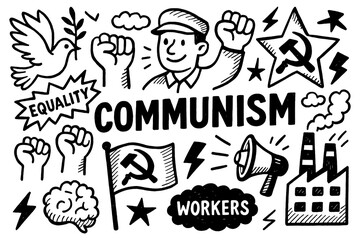 Communism doodle collage with political symbols, workers, protest and revolution elements, Transparent Background 