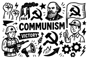 Communism doodle collage with political symbols, workers, protest and revolution elements, Transparent Background 