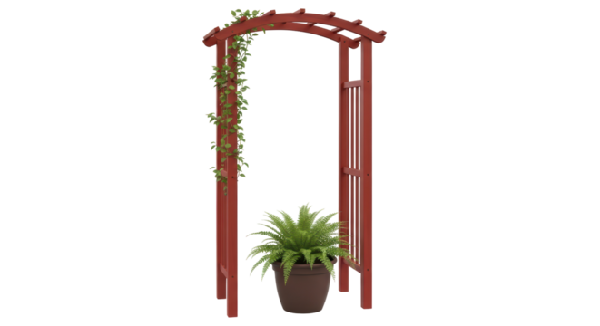 Isolated Garden Arch with Flowering Vines and Potted Fern, Outdoor Structure for Climbing Plants