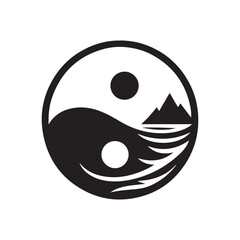 yin-yang shaped by ocean and mountain vector silhouette clip art logo design illustration