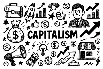 Capitalism doodle collage with money symbols, business icons and economic growth elements, Transparent Background 