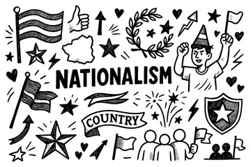 Nationalism doodle collage with flags, unity symbols, people and patriotic elements, Transparent Background 