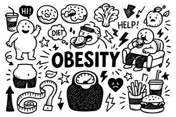 Obesity awareness doodle collage with unhealthy food, overweight figures and health symbols, Transparent Background 