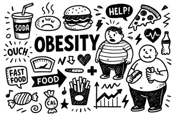 Obesity awareness doodle collage with unhealthy food, overweight figures and health symbols, Transparent Background 
