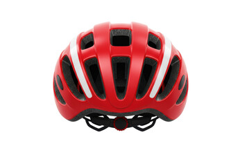 Isolated Red cycling helmet with white stripes for road bike, bicycle safety equipment