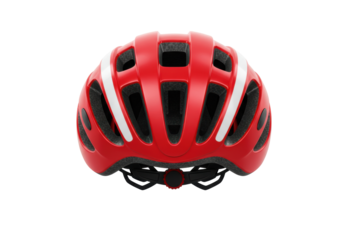 Isolated Red cycling helmet with white stripes for road bike, bicycle safety equipment